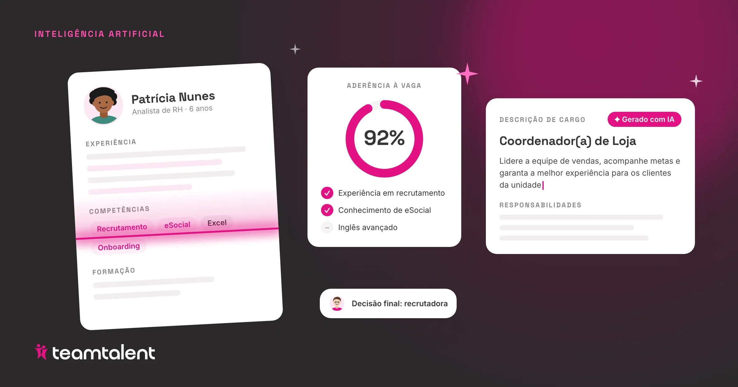 Ilustração de um currículo sendo analisado por IA, com 92% de aderência à vaga e uma descrição de cargo gerada automaticamente