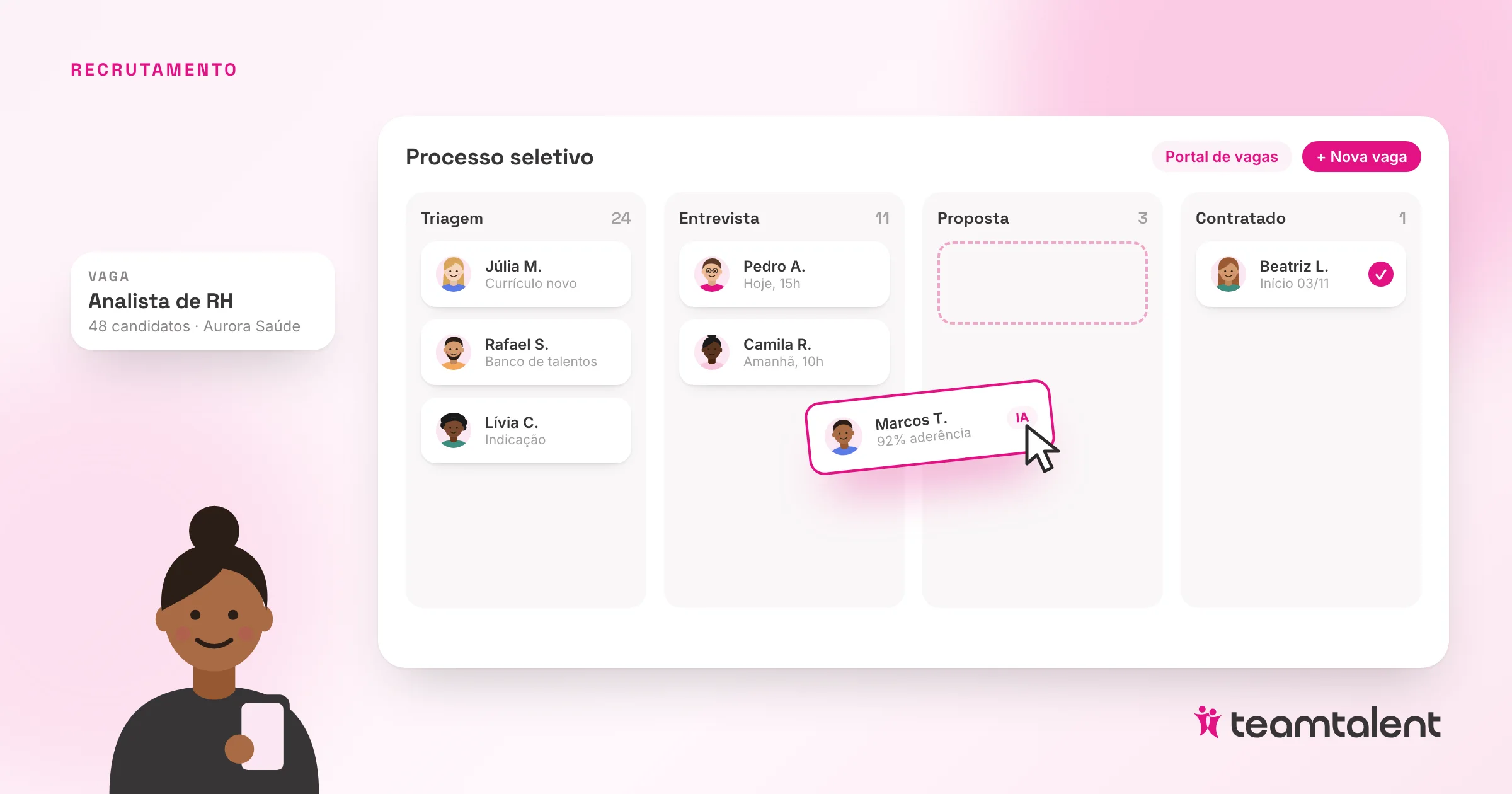 Ilustração de uma recrutadora ao lado de um quadro de processo seletivo com candidatos nas etapas de triagem, entrevista, proposta e contratação